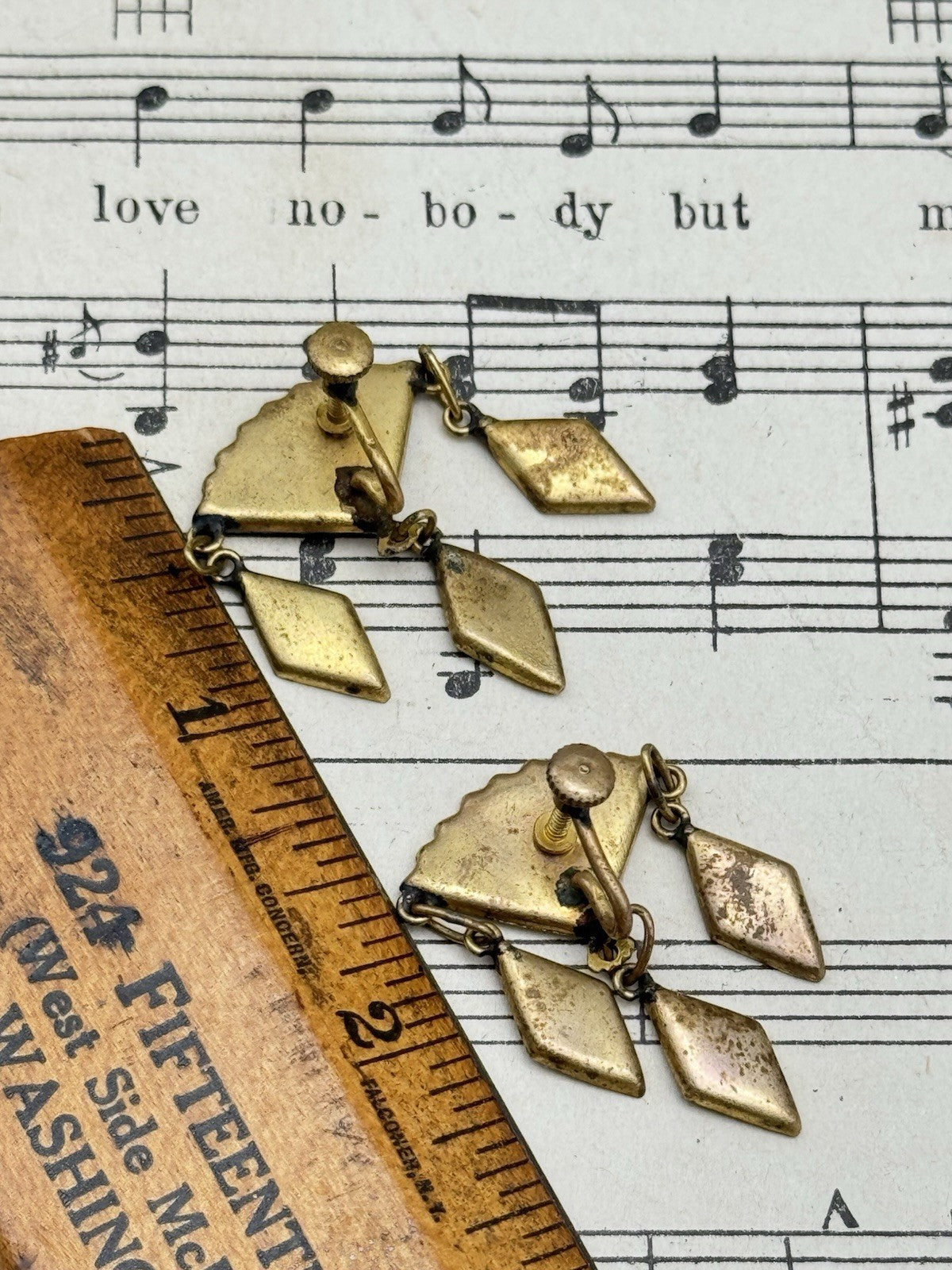 Vintage Damascene Fan Dangler Japanese Style Screw Back Earrings ESTATE FIND