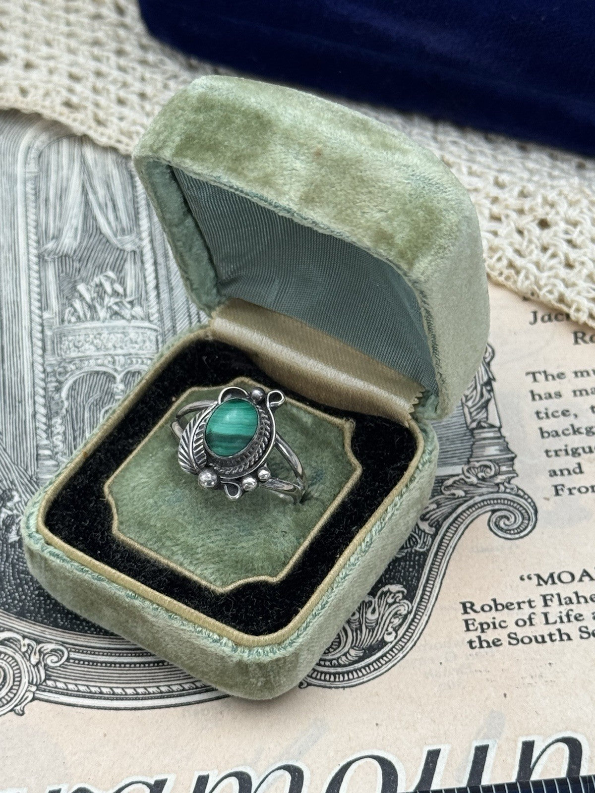Vintage STERLING Artisan Malachite Ring SIGNED H Size 8.25 ESTATE FIND