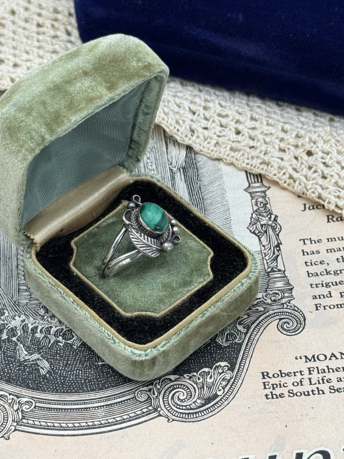 Vintage STERLING Artisan Malachite Ring SIGNED H Size 8.25 ESTATE FIND