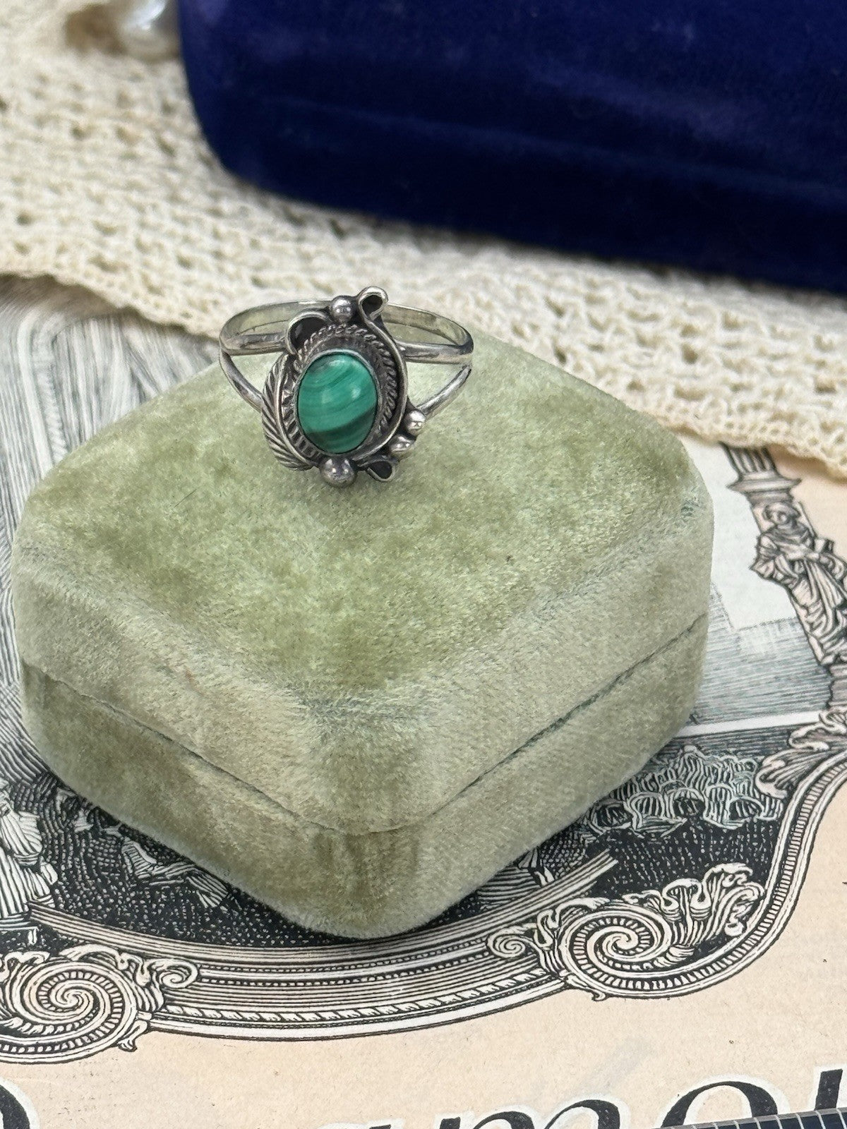Vintage STERLING Artisan Malachite Ring SIGNED H Size 8.25 ESTATE FIND