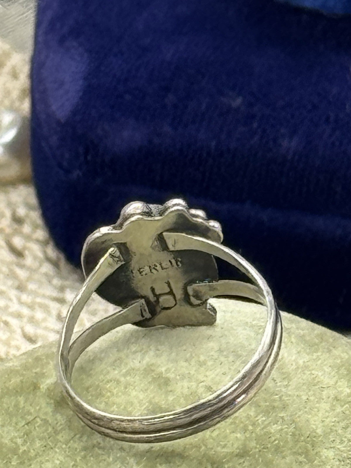 Vintage STERLING Artisan Malachite Ring SIGNED H Size 8.25 ESTATE FIND