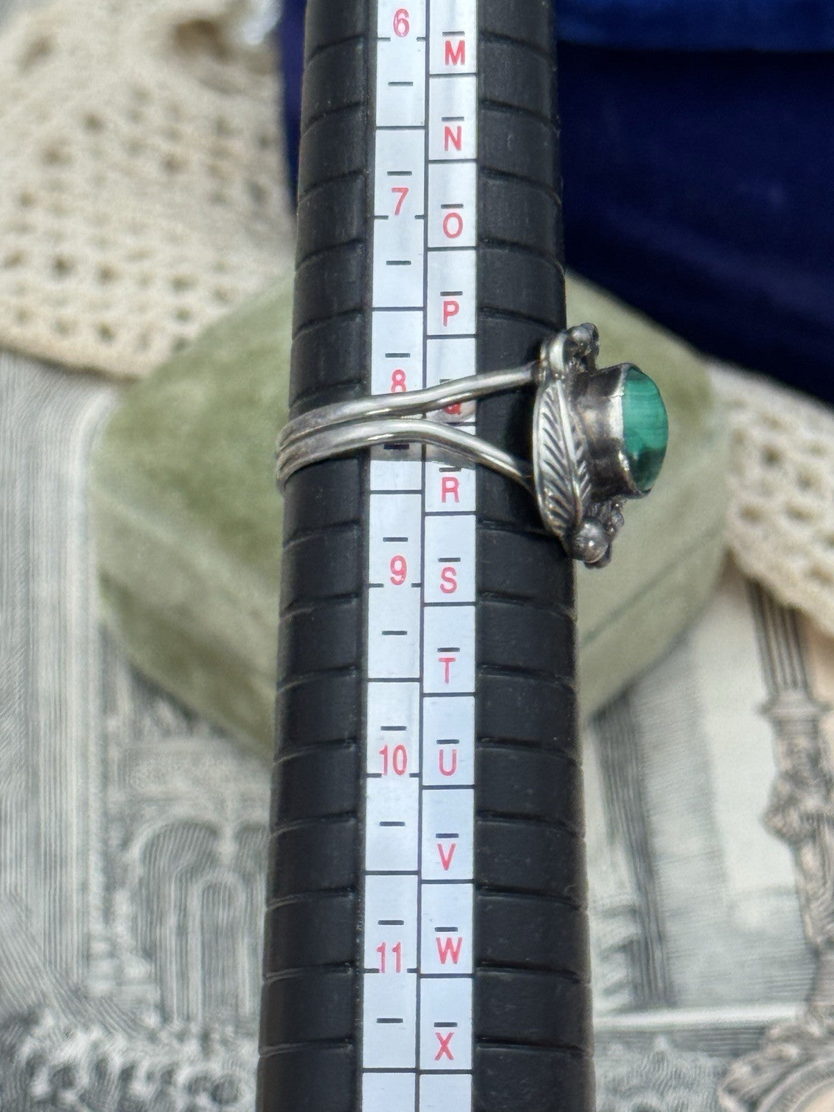 Vintage STERLING Artisan Malachite Ring SIGNED H Size 8.25 ESTATE FIND