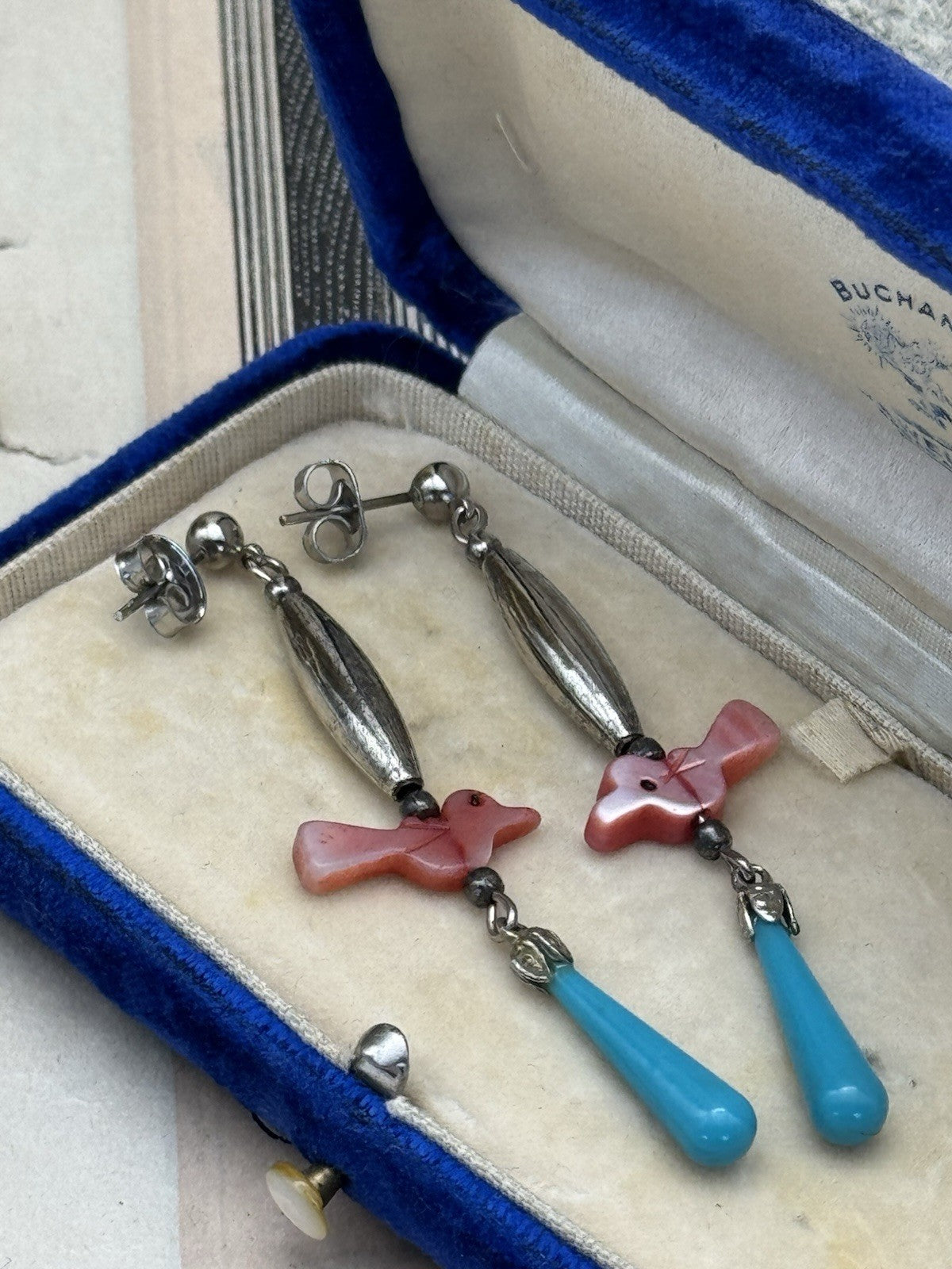 Vintage Dangler Silvertone Bird Drop Earrings Post Back