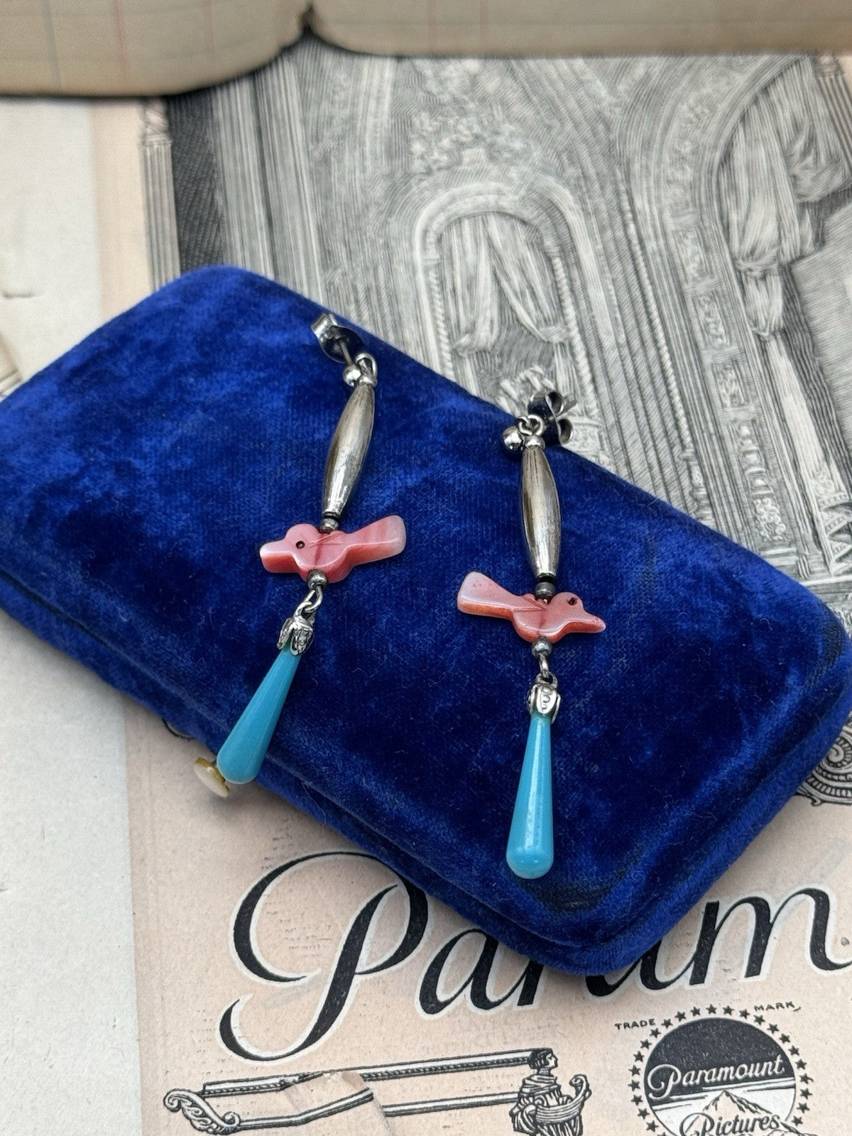 Vintage Dangler Silvertone Bird Drop Earrings Post Back