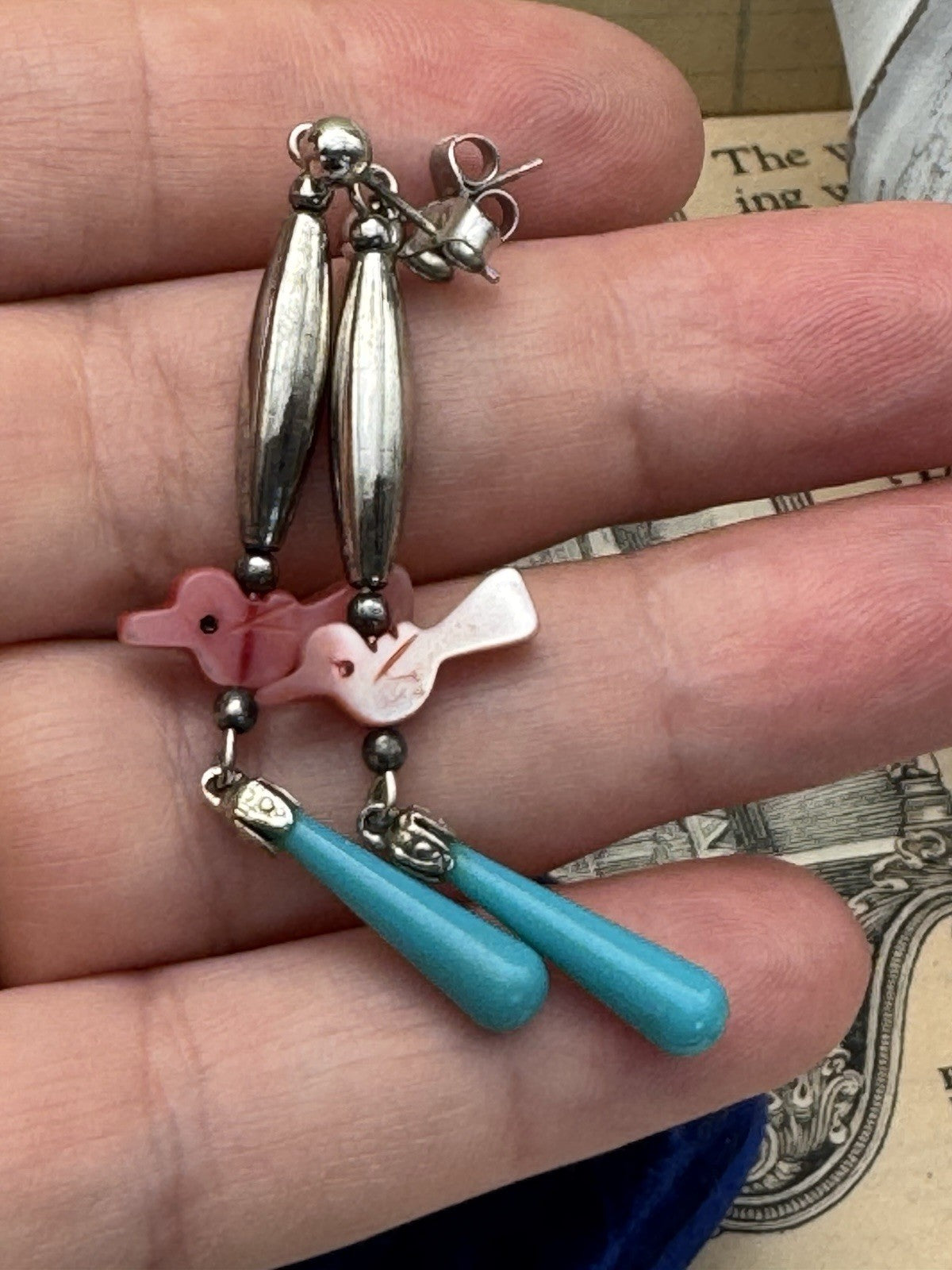 Vintage Dangler Silvertone Bird Drop Earrings Post Back
