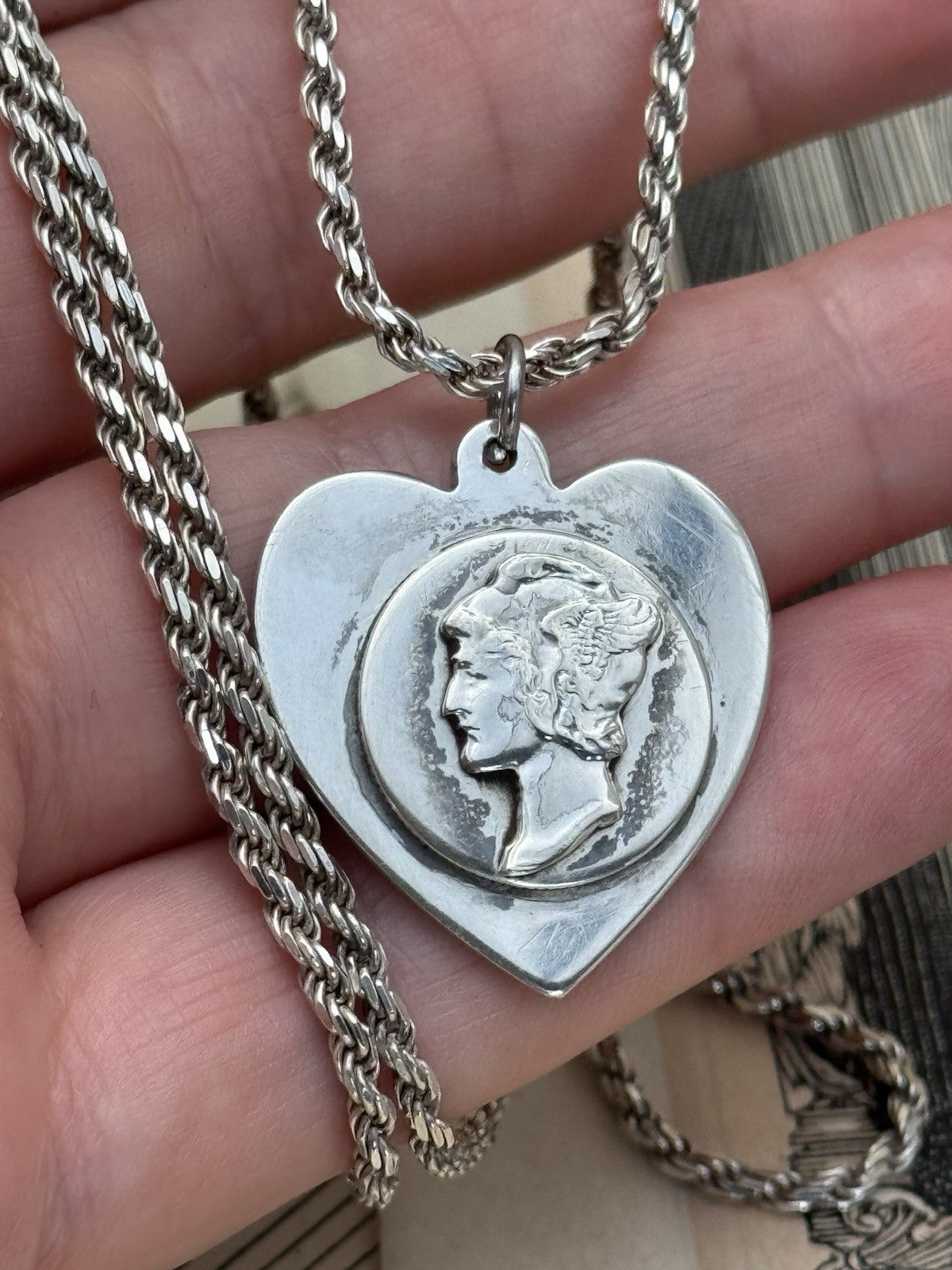 Vintage LOVE Token Dime Heart Pendant Necklace 30” Sterling