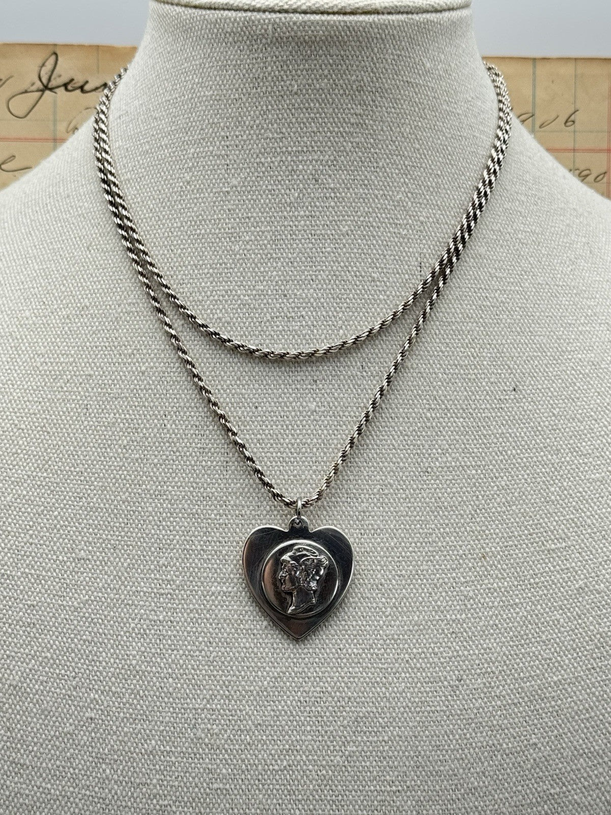 Vintage LOVE Token Dime Heart Pendant Necklace 30” Sterling