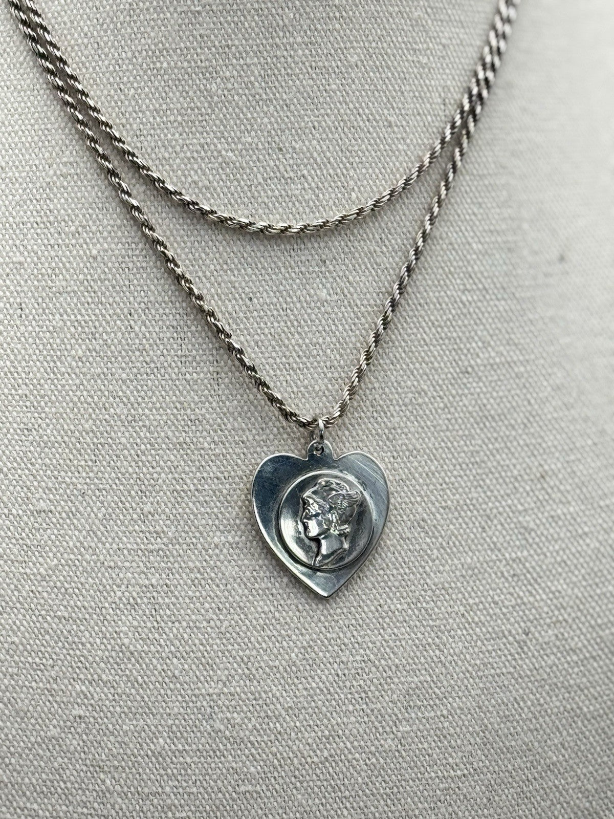 Vintage LOVE Token Dime Heart Pendant Necklace 30” Sterling