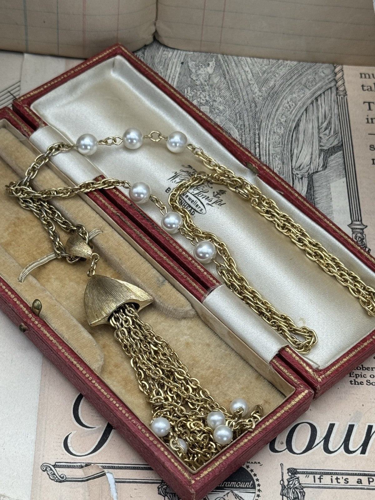 Vintage Tassel Goldtone Faux Pearl Necklace Ca. 22”l ESTATE FIND