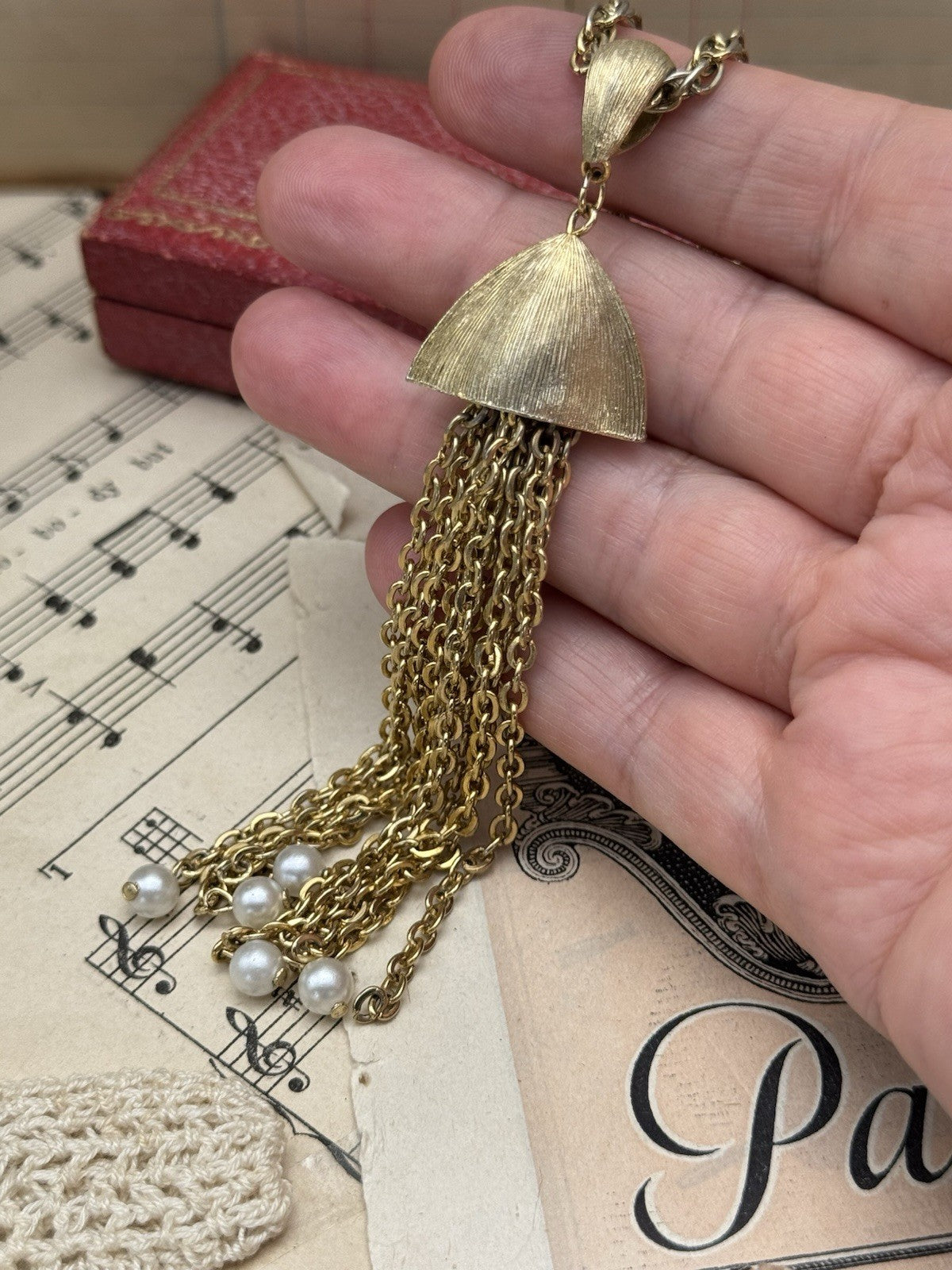 Vintage Tassel Goldtone Faux Pearl Necklace Ca. 22”l ESTATE FIND