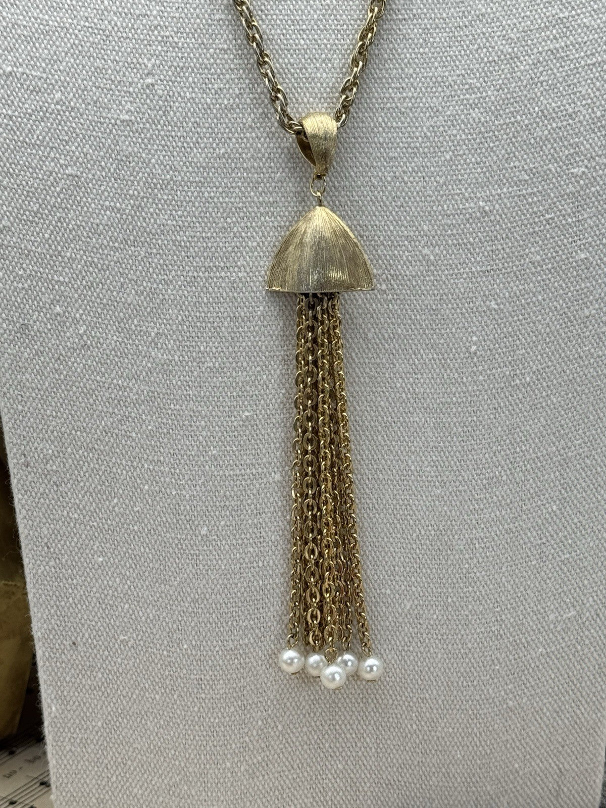 Vintage Tassel Goldtone Faux Pearl Necklace Ca. 22”l ESTATE FIND