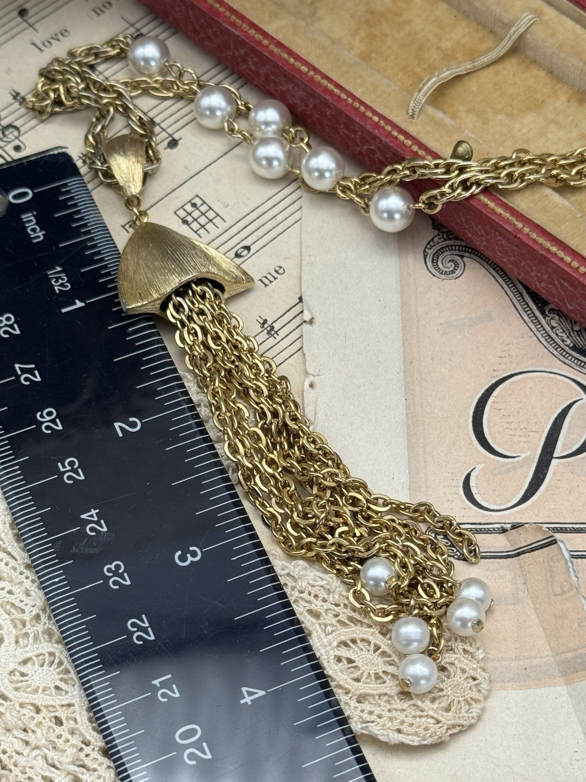 Vintage Tassel Goldtone Faux Pearl Necklace Ca. 22”l ESTATE FIND