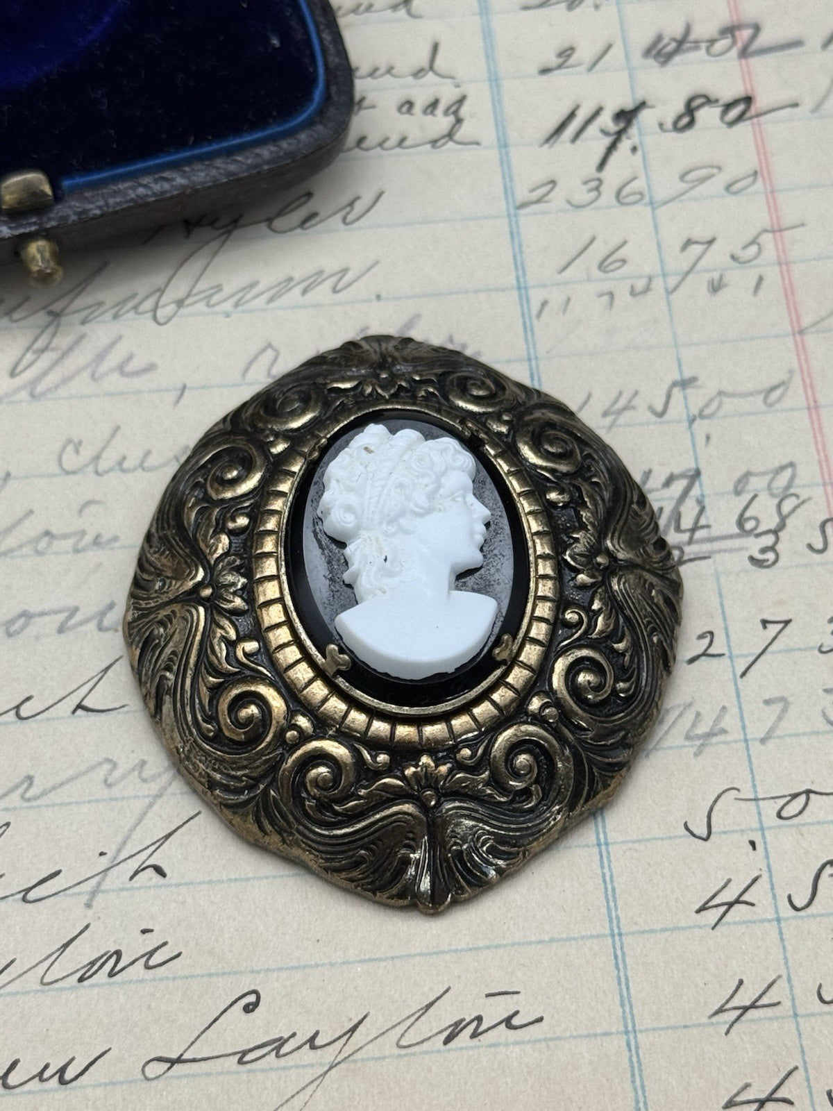Antique Style Brass Cameo Fur Clip Raised Relief ESTATE FIND