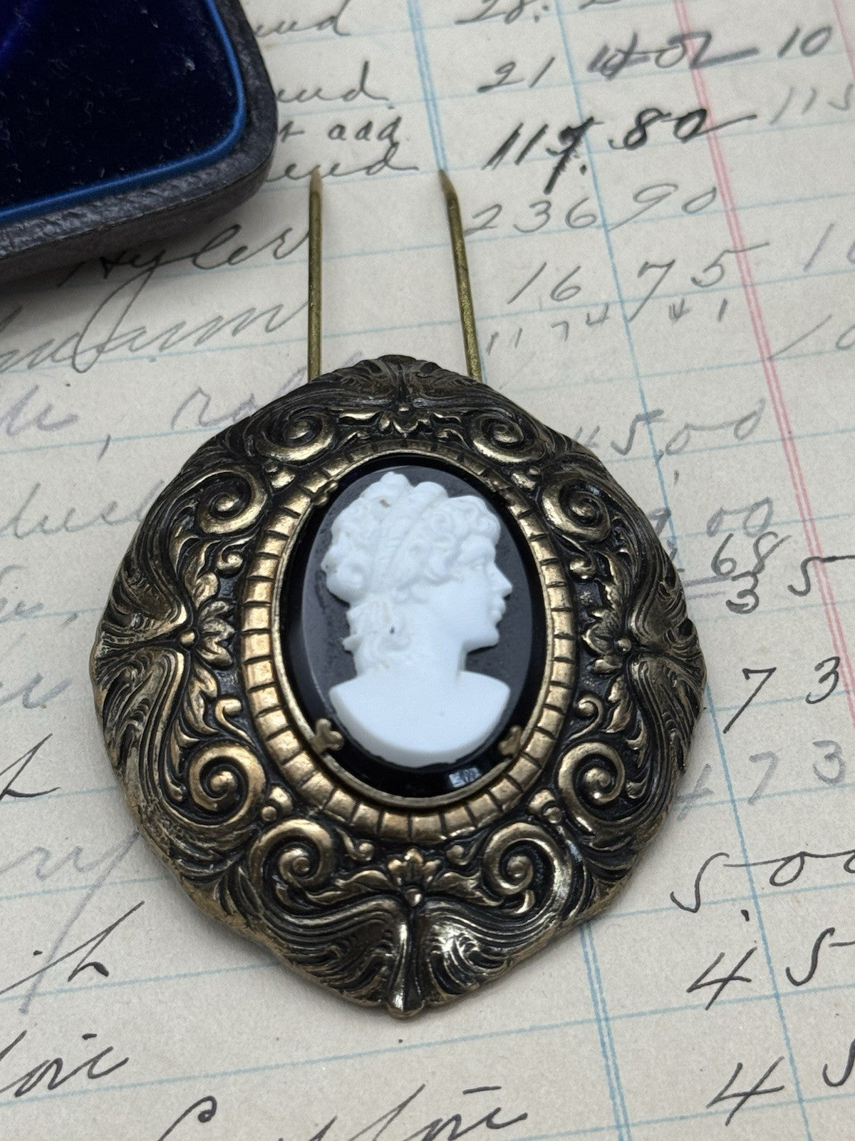 Antique Style Brass Cameo Fur Clip Raised Relief ESTATE FIND