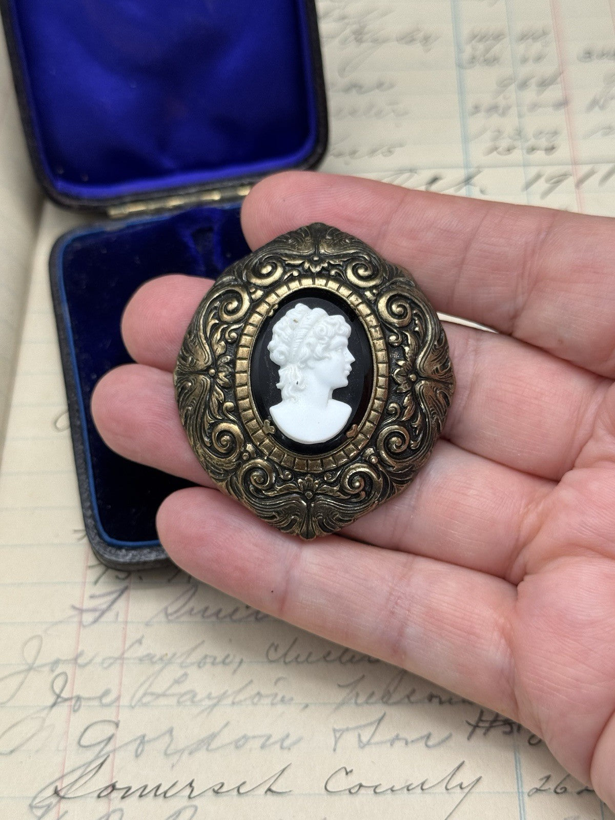 Antique Style Brass Cameo Fur Clip Raised Relief ESTATE FIND