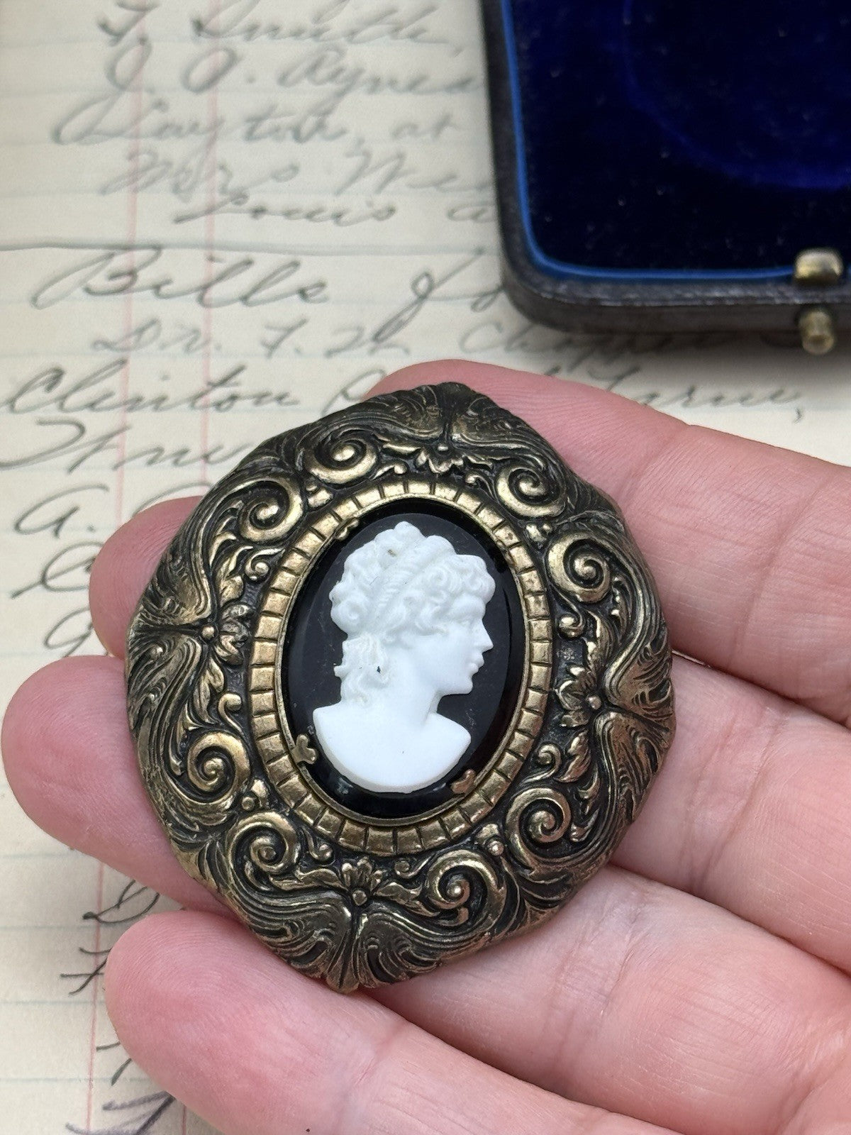 Antique Style Brass Cameo Fur Clip Raised Relief ESTATE FIND