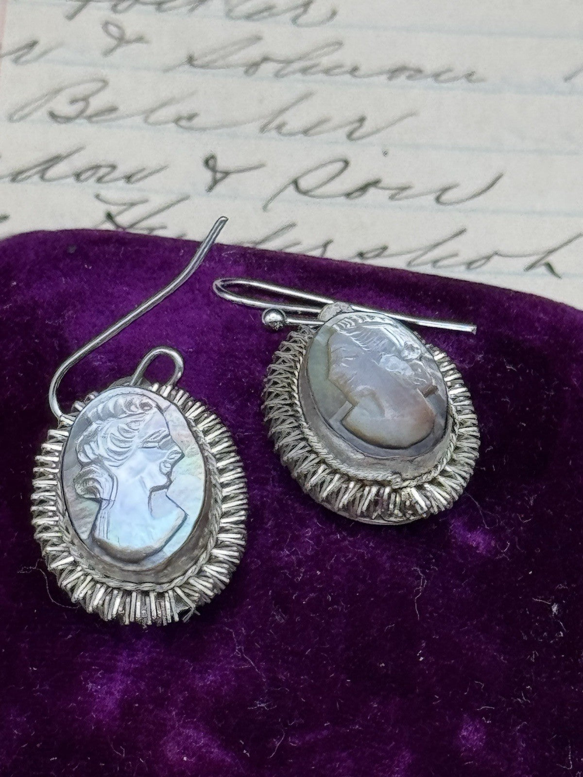 Vintage Carved “Abalone” CAMEO EARRINGS 800 Silver Converted ESTATE FIND