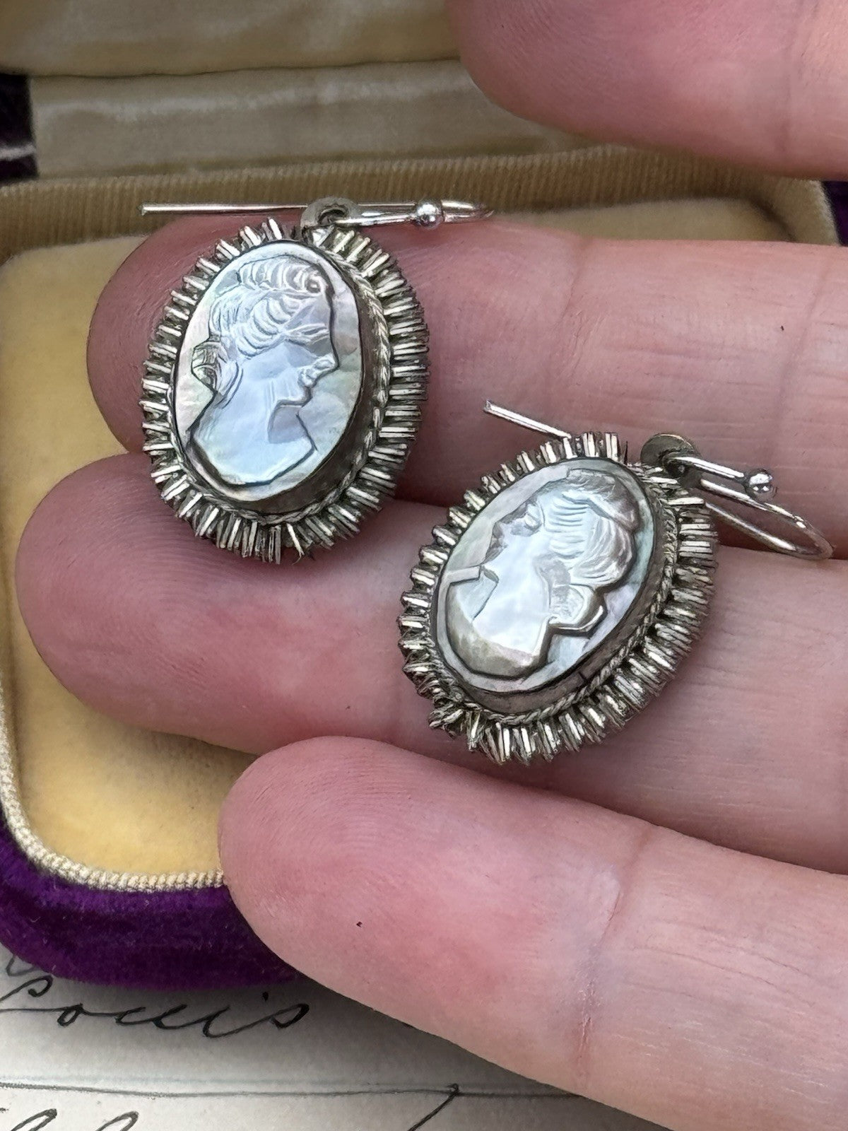 Vintage Carved “Abalone” CAMEO EARRINGS 800 Silver Converted ESTATE FIND