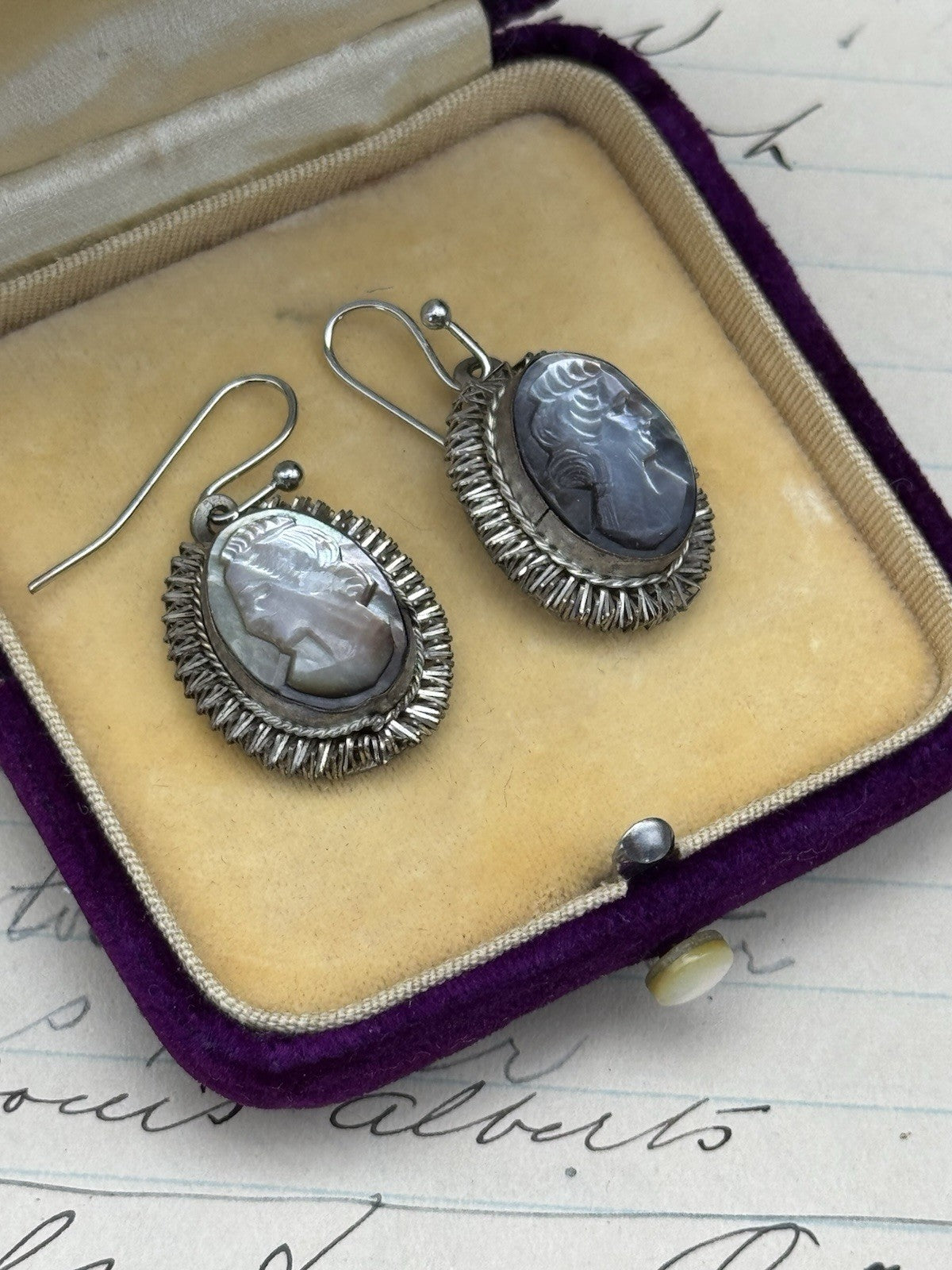 Vintage Carved “Abalone” CAMEO EARRINGS 800 Silver Converted ESTATE FIND
