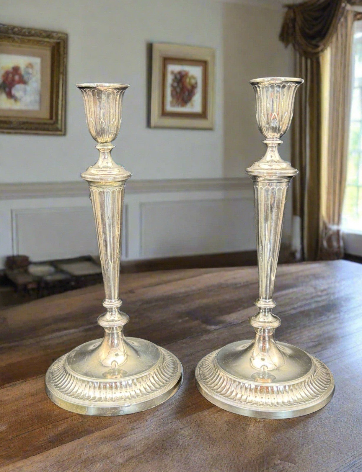 George III STYLE Candle Stick Pair Antique Silverplate 11”h ESTATE FIND