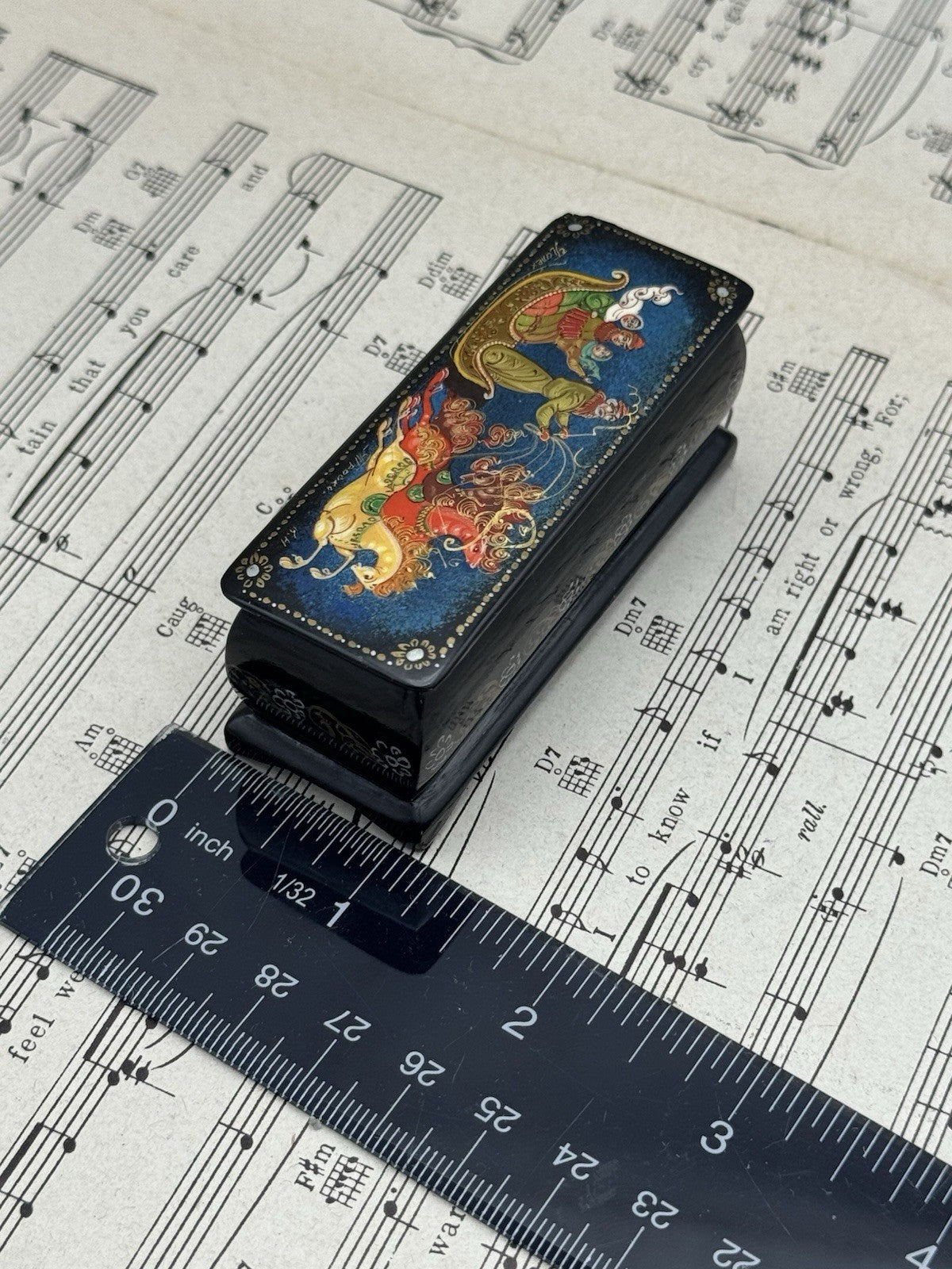 Vintage Russian Style Lacquer Box Sleigh & Horse Scene HAND PAINTED Folk Art