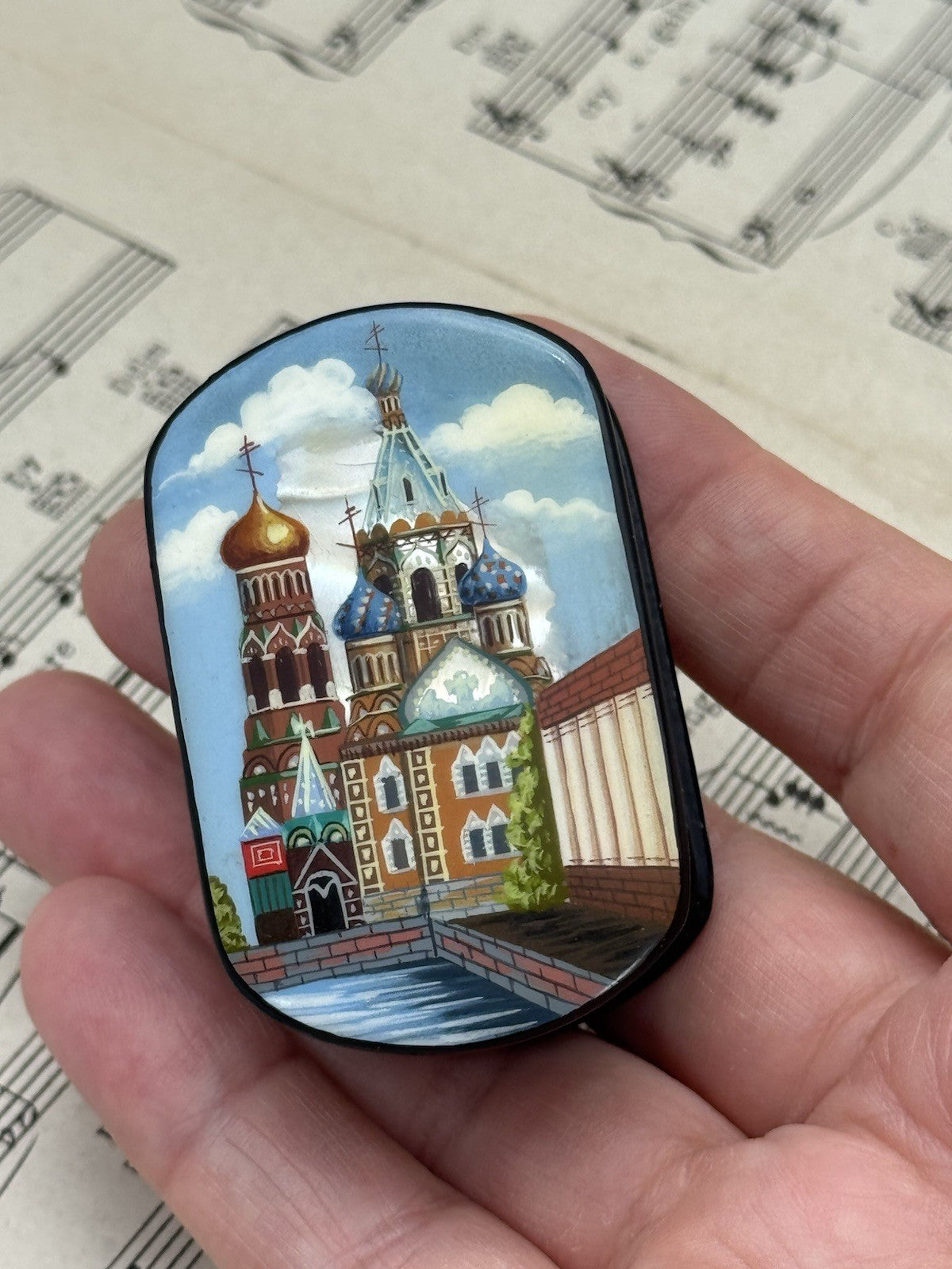 Signed Fedoskino Hand Painted Russian Black Lacquer Box Shell Pearl Inlay