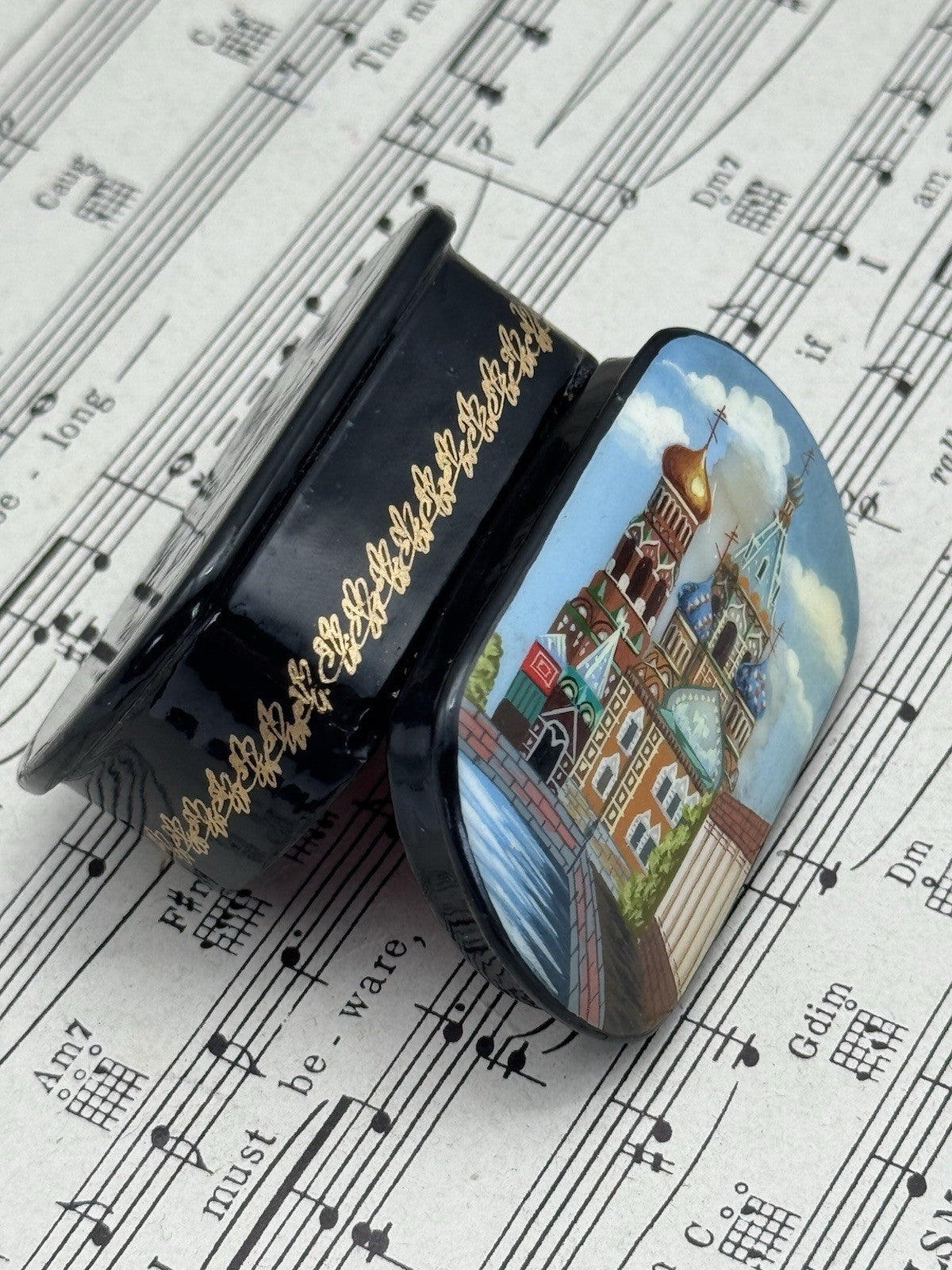Signed Fedoskino Hand Painted Russian Black Lacquer Box Shell Pearl Inlay