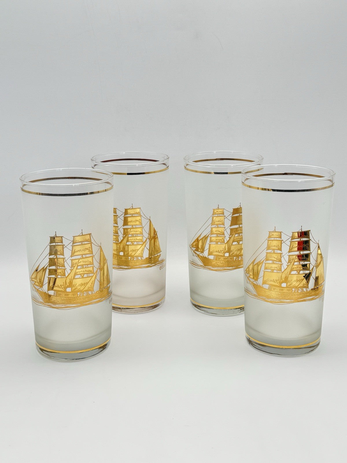 4 VINTAGE Culver Frosted Schooner Nautical Hi Ball Glass Barware 22kt Gold 8oz. 5.5"