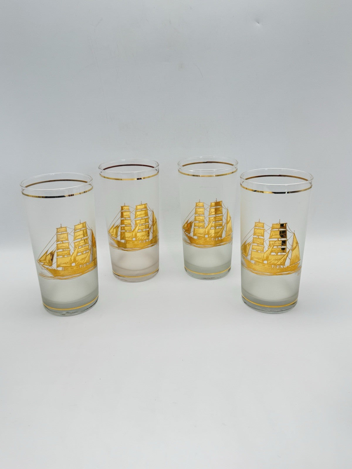 4 VINTAGE Culver Frosted Schooner Nautical Hi Ball Glass Barware 22kt Gold 8oz. 5.5"