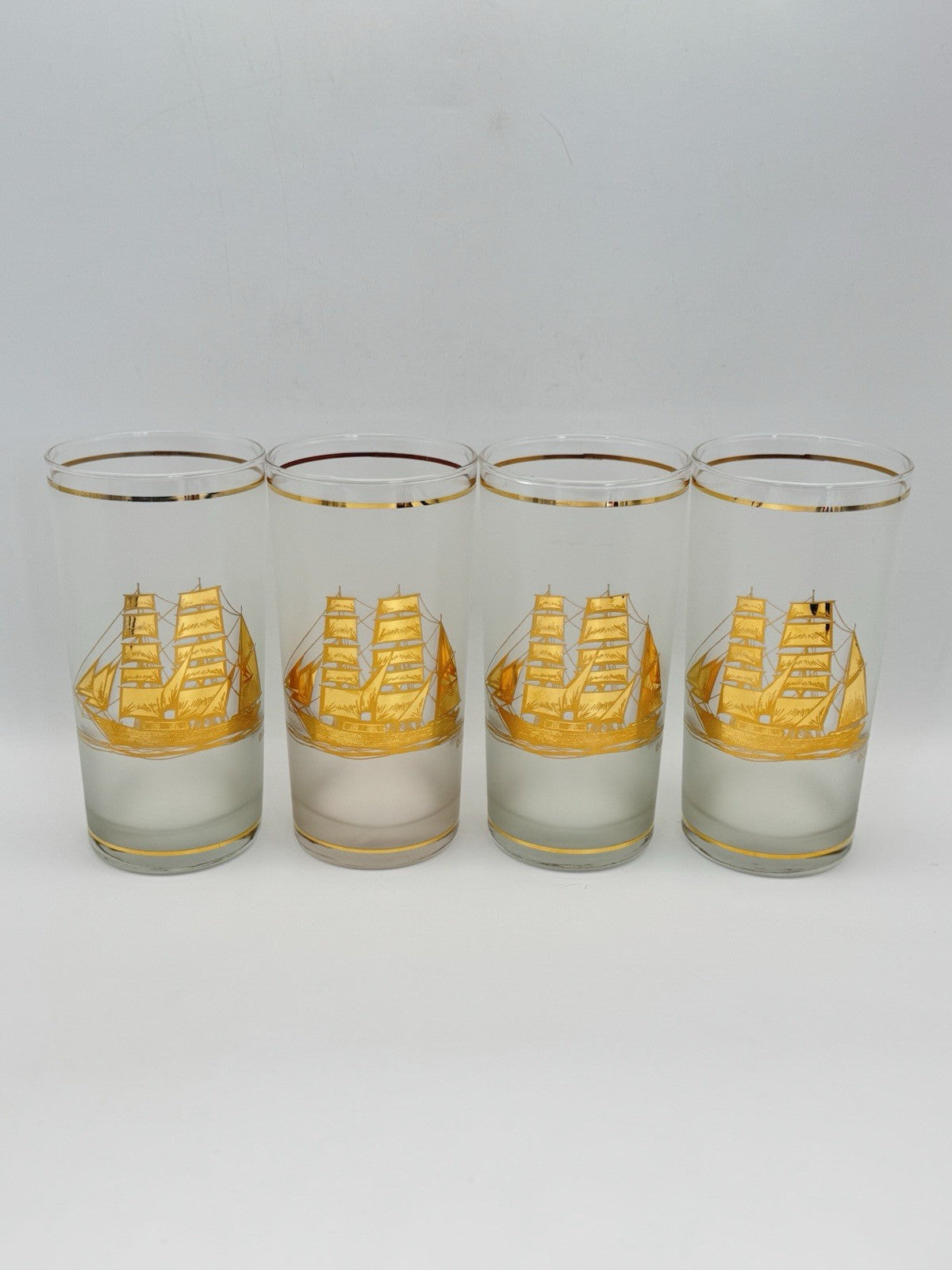 4 VINTAGE Culver Frosted Schooner Nautical Hi Ball Glass Barware 22kt Gold 8oz. 5.5"
