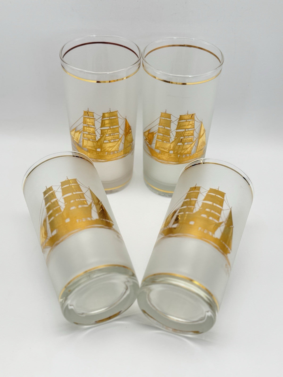 4 VINTAGE Culver Frosted Schooner Nautical Hi Ball Glass Barware 22kt Gold 8oz. 5.5"