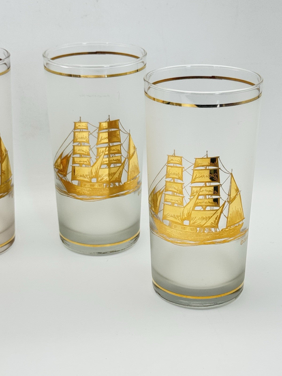 4 VINTAGE Culver Frosted Schooner Nautical Hi Ball Glass Barware 22kt Gold 8oz. 5.5"