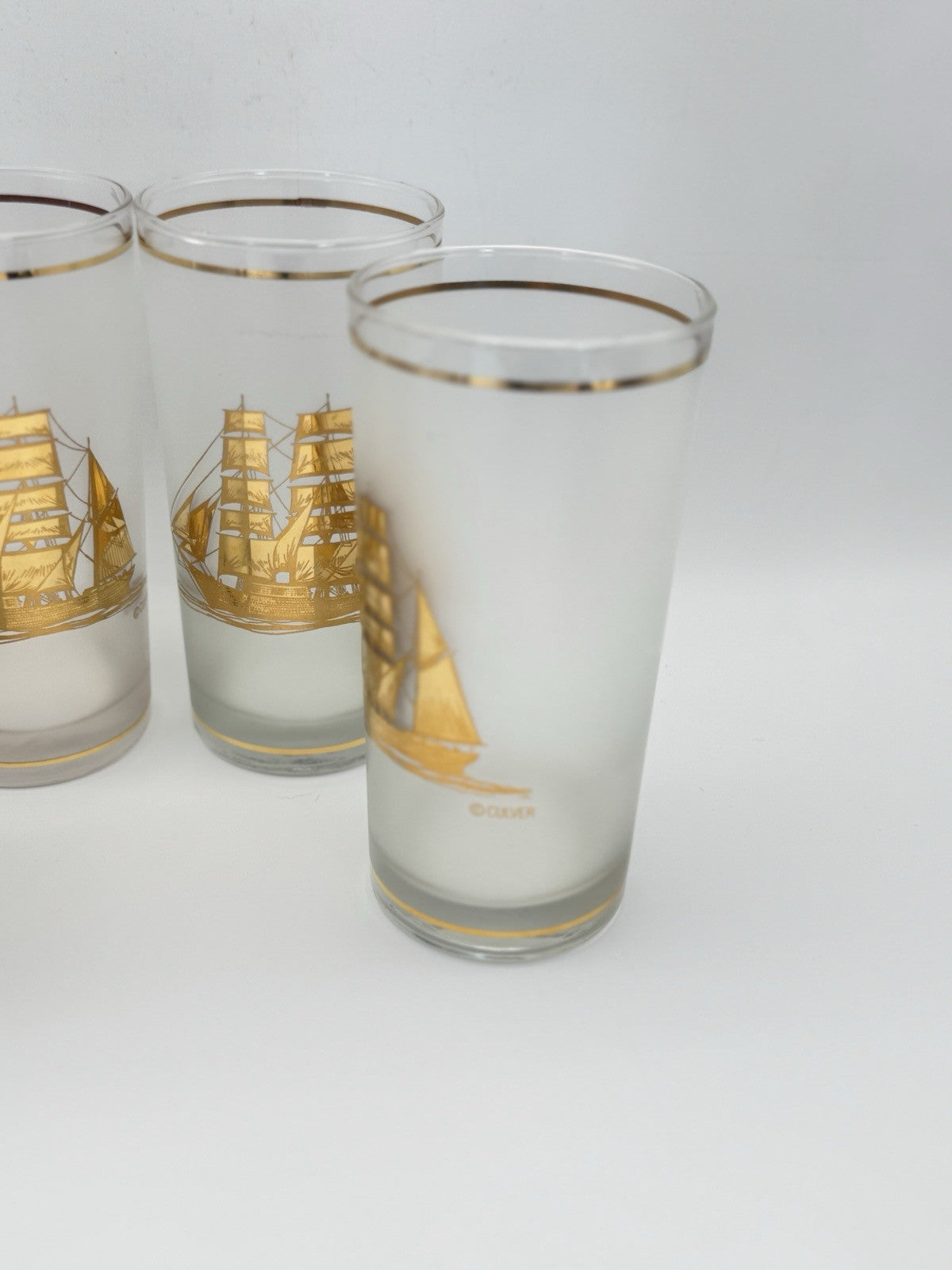 4 VINTAGE Culver Frosted Schooner Nautical Hi Ball Glass Barware 22kt Gold 8oz. 5.5"