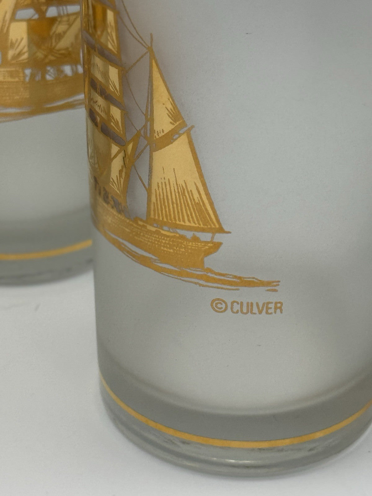 4 VINTAGE Culver Frosted Schooner Nautical Hi Ball Glass Barware 22kt Gold 8oz. 5.5"