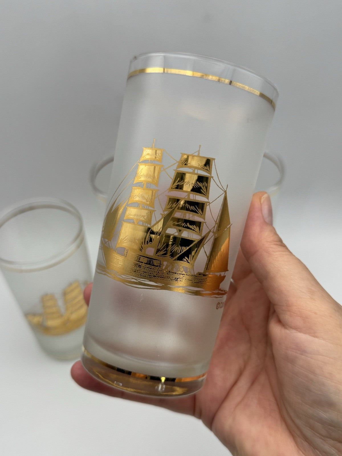 4 VINTAGE Culver Frosted Schooner Nautical Hi Ball Glass Barware 22kt Gold 8oz. 5.5"