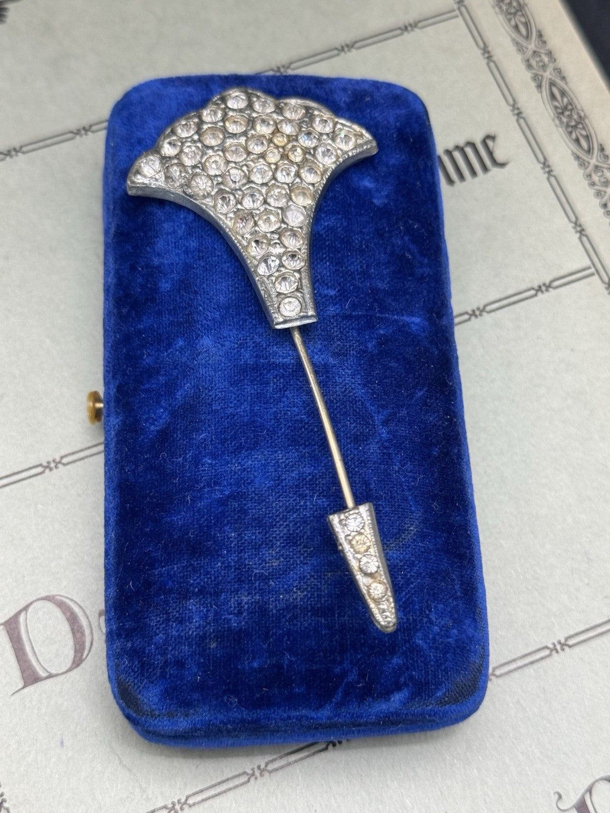 Classic Art Deco Lapel Pin Fan Shape Silvertone Rhinestones ESTATE FIND