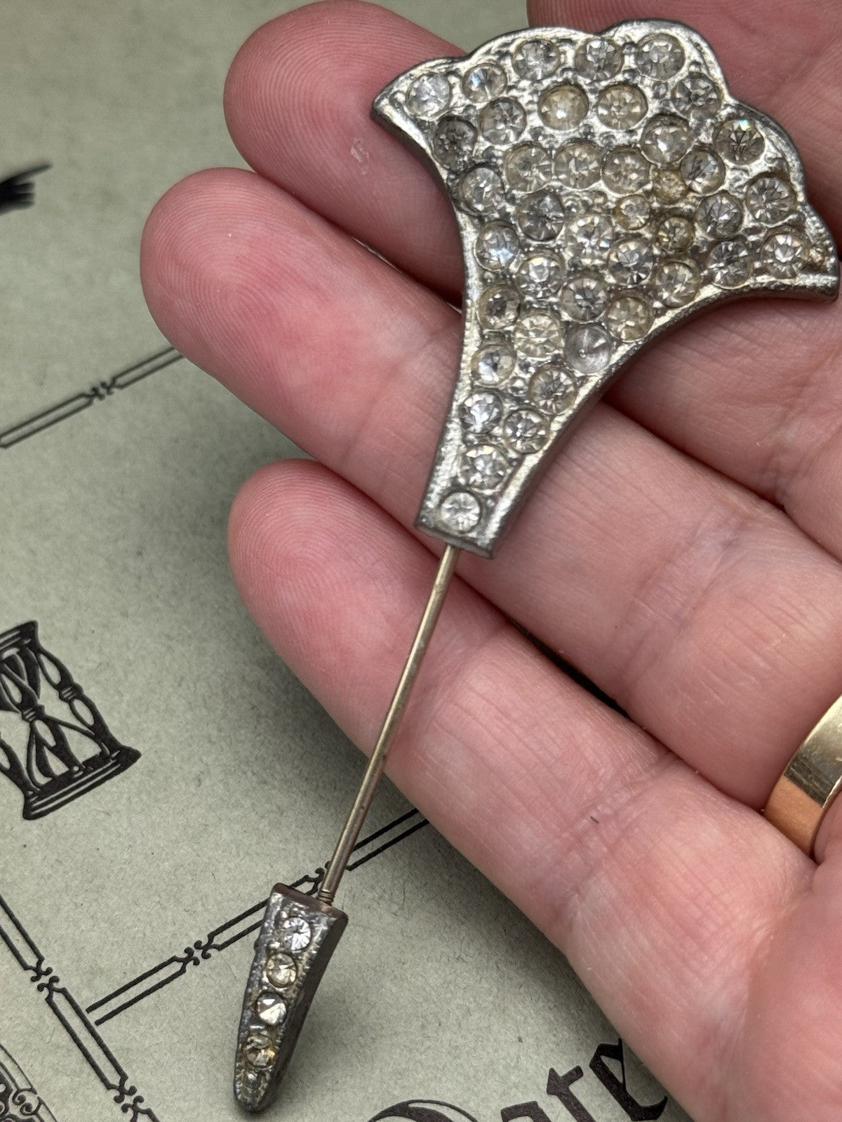 Classic Art Deco Lapel Pin Fan Shape Silvertone Rhinestones ESTATE FIND