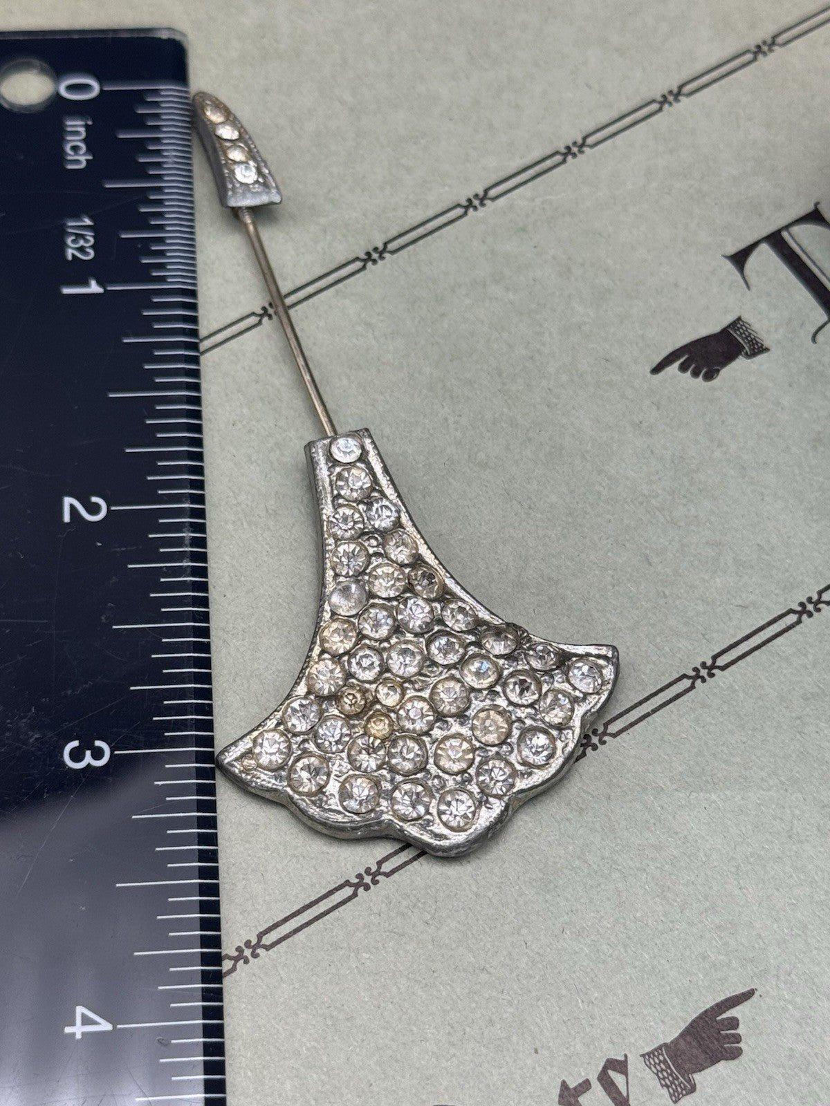 Classic Art Deco Lapel Pin Fan Shape Silvertone Rhinestones ESTATE FIND