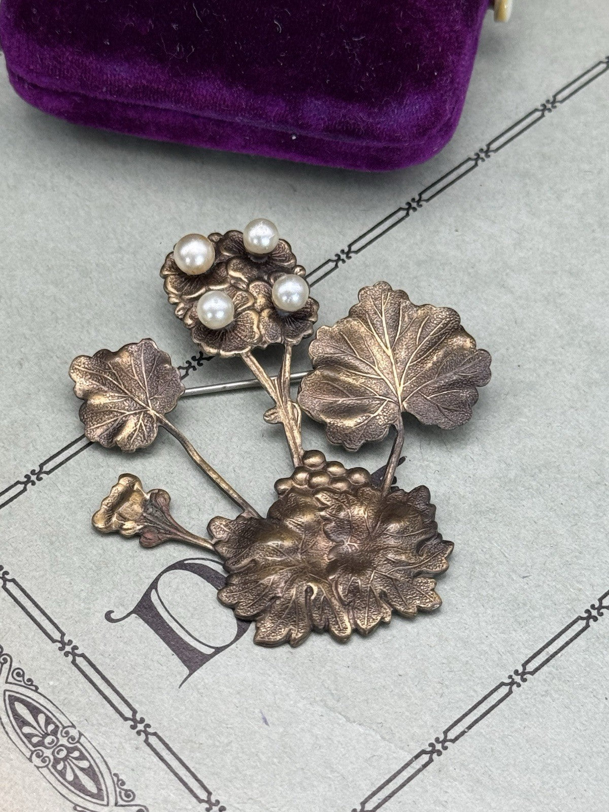 Vintage Art Nouveau Style Brooch Floral Design Faux Pearls