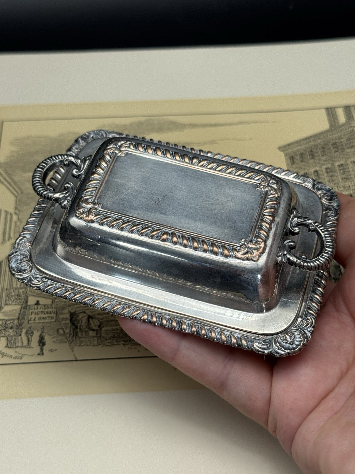 MINIATURE Vintage Silver-plate Lidded Butter Dish Sheffield Style ESTATE FIND