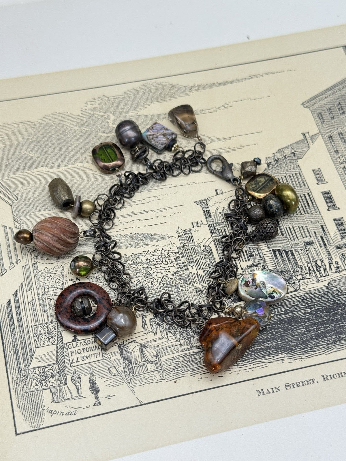 Vintage ANTIQUE Style Charm Bracelet Amber Glass Stone Wood Metal 7.5”
