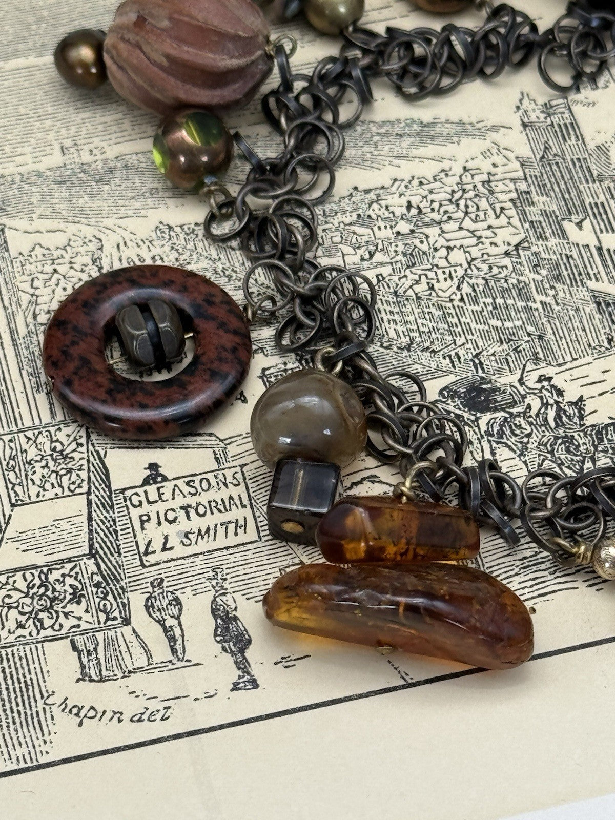 Vintage ANTIQUE Style Charm Bracelet Amber Glass Stone Wood Metal 7.5”