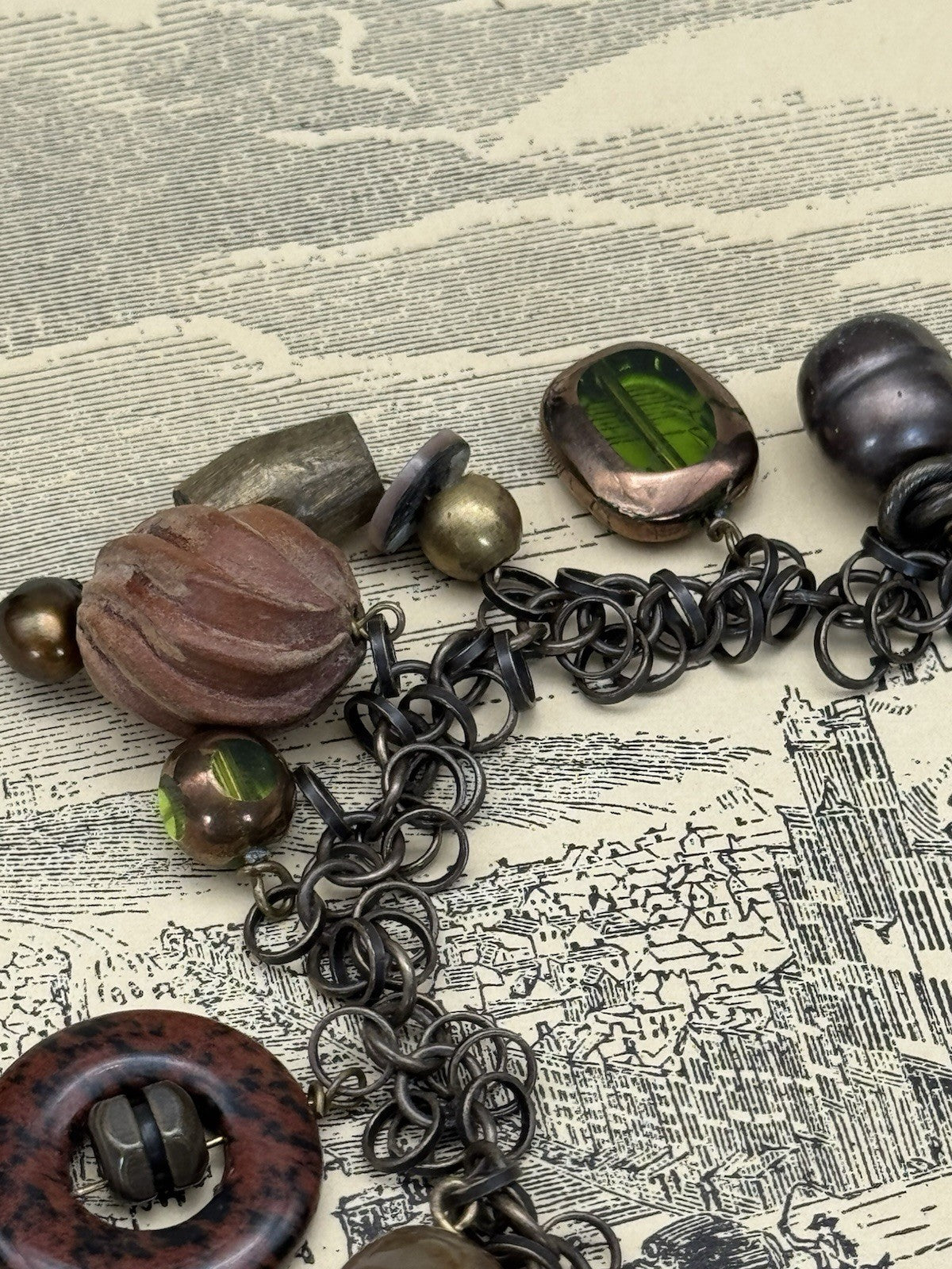 Vintage ANTIQUE Style Charm Bracelet Amber Glass Stone Wood Metal 7.5”