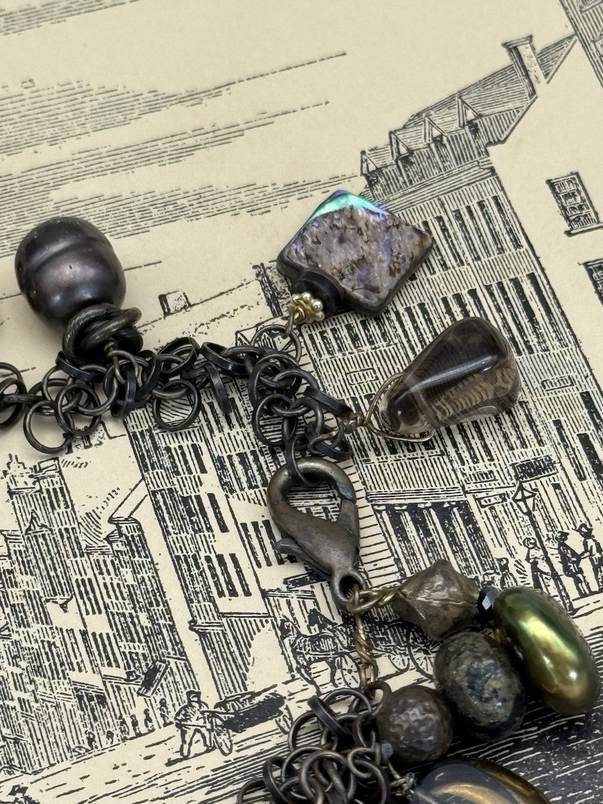 Vintage ANTIQUE Style Charm Bracelet Amber Glass Stone Wood Metal 7.5”
