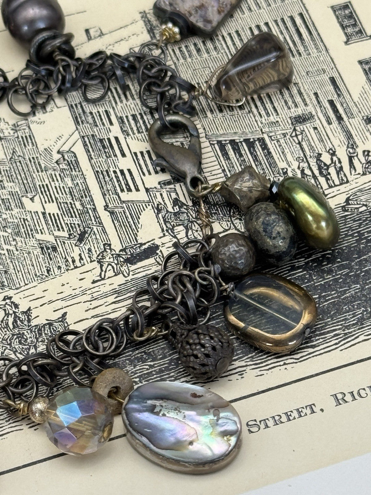 Vintage ANTIQUE Style Charm Bracelet Amber Glass Stone Wood Metal 7.5”
