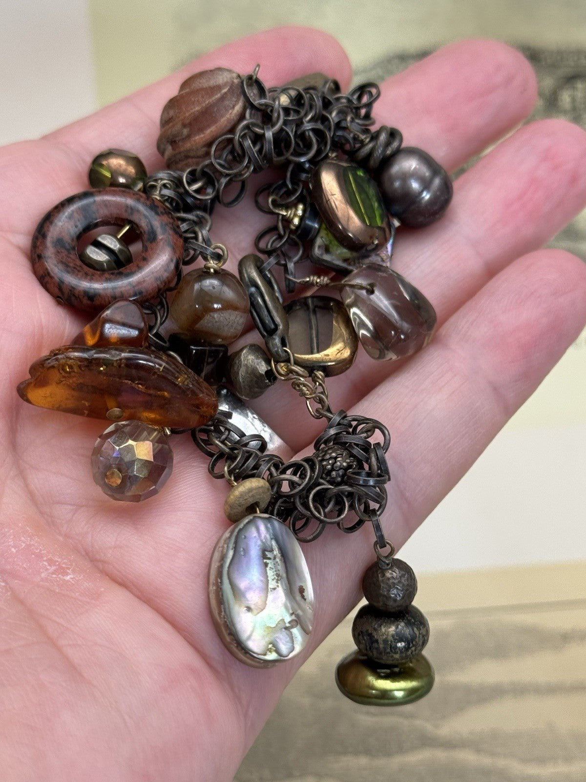 Vintage ANTIQUE Style Charm Bracelet Amber Glass Stone Wood Metal 7.5”