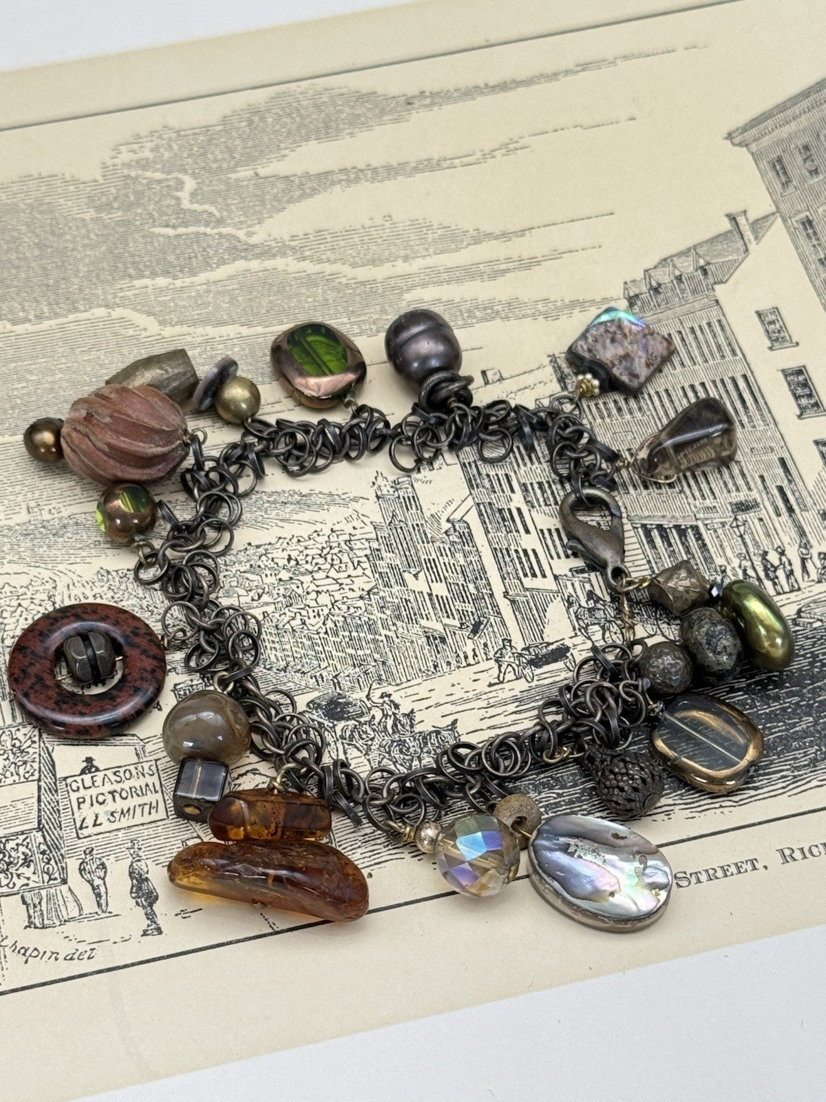 Vintage ANTIQUE Style Charm Bracelet Amber Glass Stone Wood Metal 7.5”