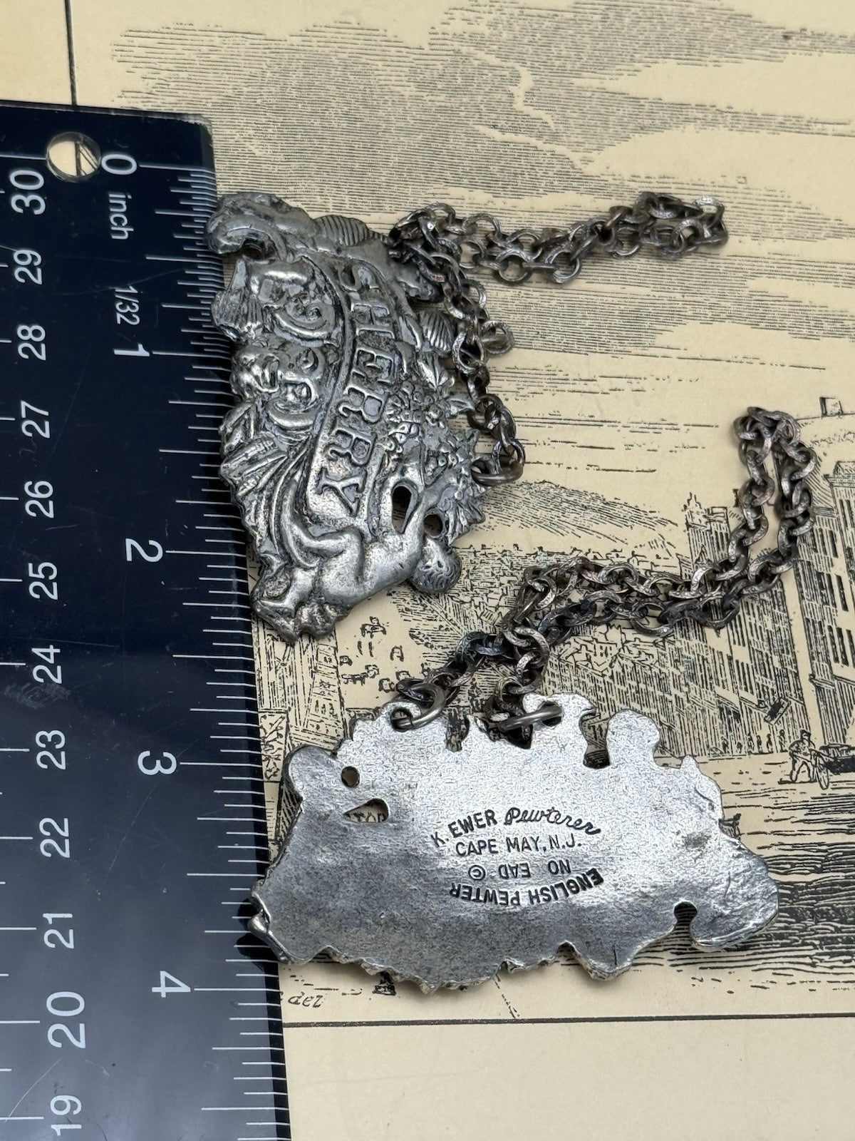 2 Vintage Barware Bottle Tags “Sherry” “Rye” K Ewer NJ Pewter