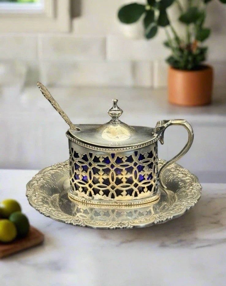 Silverplated English Mustard Pot Spoon & Tray Set ESTATE FIND