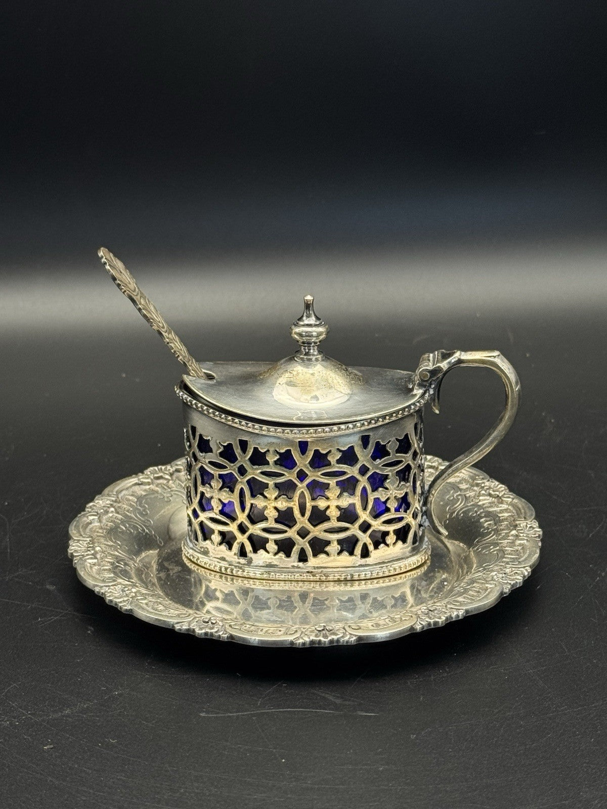 Silverplated English Mustard Pot Spoon & Tray Set ESTATE FIND